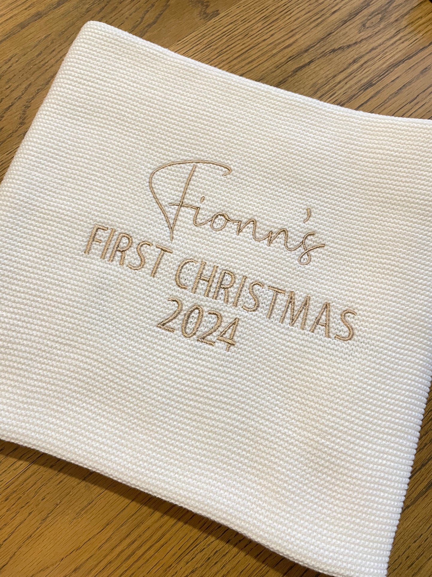 First Christmas White Personalised Baby Knit Blanket