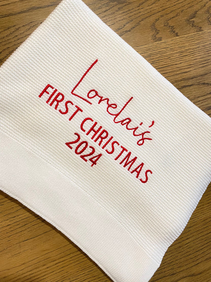 First Christmas White Personalised Baby Knit Blanket