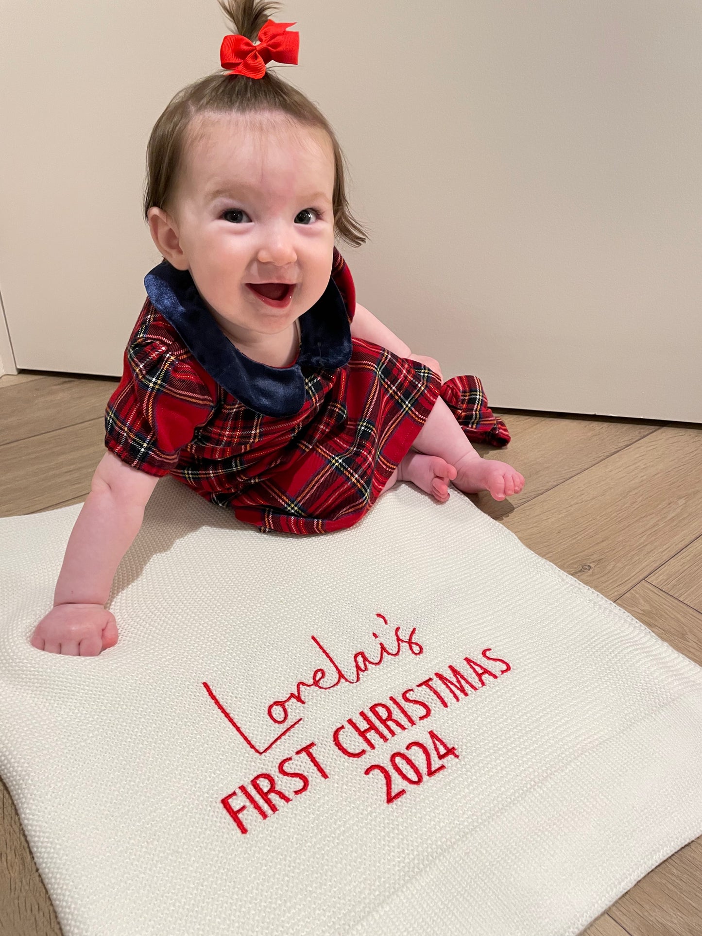 First Christmas White Personalised Baby Knit Blanket